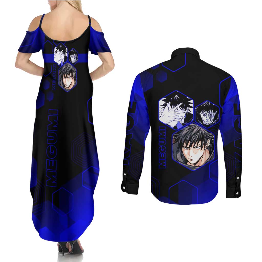 Megumi Fushiguro Jujutsu Kaisen Blue Hexagon Design Couples Matching Summer Maxi Dress and Long Sleeve Button Shirt with Shadow Techniques and Manga Style Art - The Mazicc