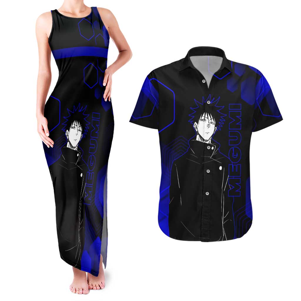 Megumi Fushiguro Jujutsu Kaisen Blue Hexagon Design Couples Matching Tank Maxi Dress and Hawaiian Shirt with Shadow Techniques and Manga Style Art - The Mazicc
