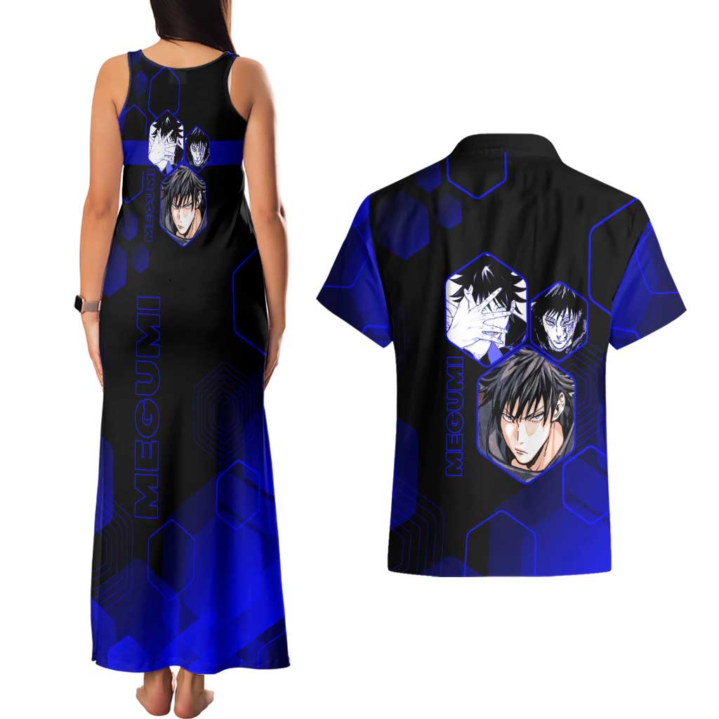 Megumi Fushiguro Jujutsu Kaisen Blue Hexagon Design Couples Matching Tank Maxi Dress and Hawaiian Shirt with Shadow Techniques and Manga Style Art - The Mazicc