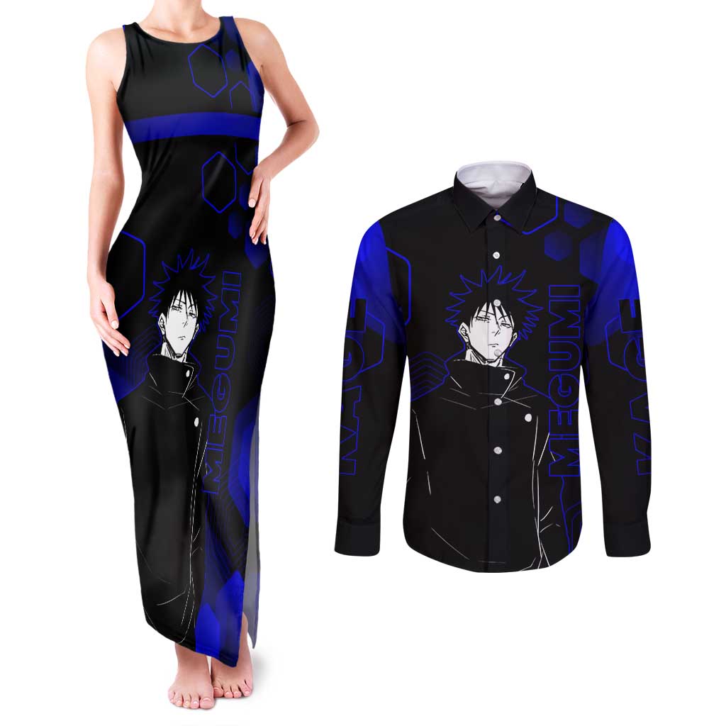Megumi Fushiguro Jujutsu Kaisen Blue Hexagon Design Couples Matching Tank Maxi Dress and Long Sleeve Button Shirt with Shadow Techniques and Manga Style Art - The Mazicc