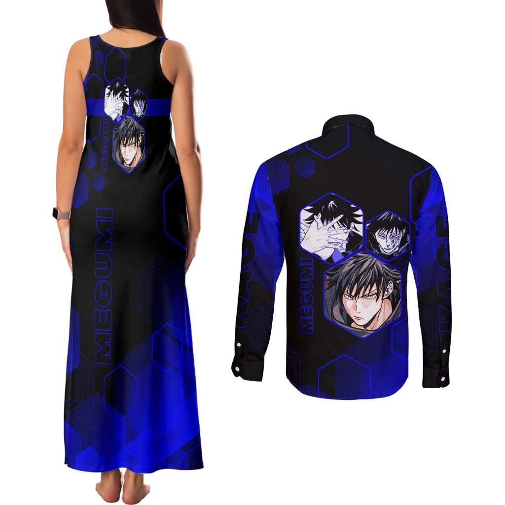 Megumi Fushiguro Jujutsu Kaisen Blue Hexagon Design Couples Matching Tank Maxi Dress and Long Sleeve Button Shirt with Shadow Techniques and Manga Style Art - The Mazicc