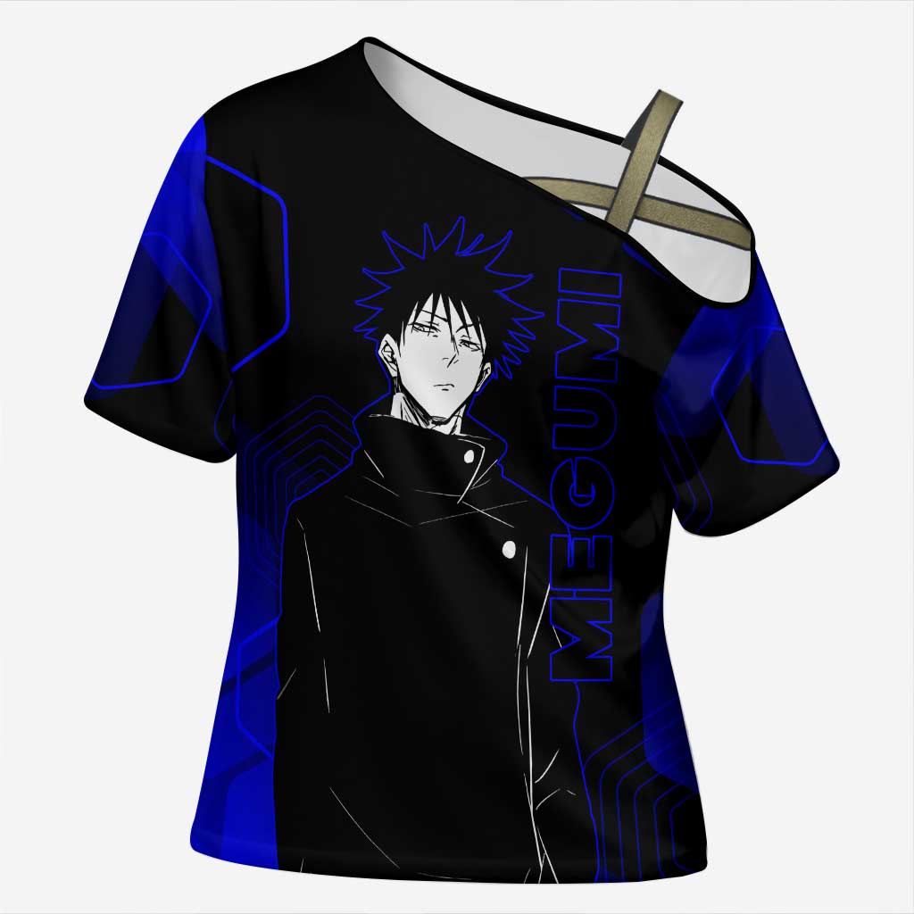 Megumi Fushiguro Jujutsu Kaisen Blue Hexagon Design Cross Shoulder Shirt with Shadow Techniques and Manga Style Art - The Mazicc