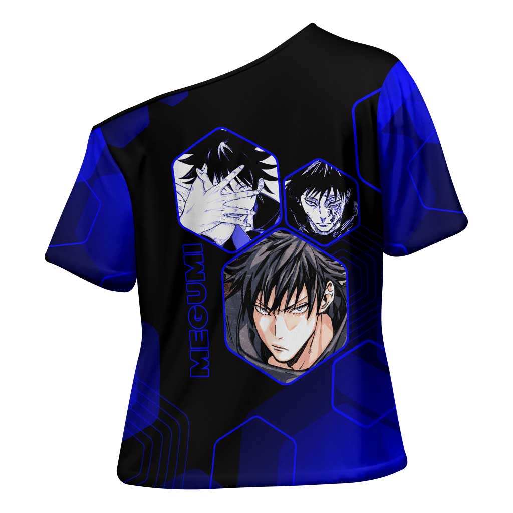 Megumi Fushiguro Jujutsu Kaisen Blue Hexagon Design Cross Shoulder Shirt with Shadow Techniques and Manga Style Art - The Mazicc