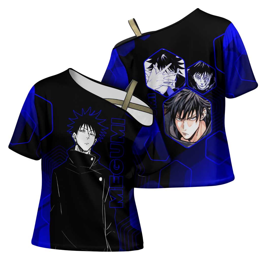 Megumi Fushiguro Jujutsu Kaisen Blue Hexagon Design Cross Shoulder Shirt with Shadow Techniques and Manga Style Art - The Mazicc