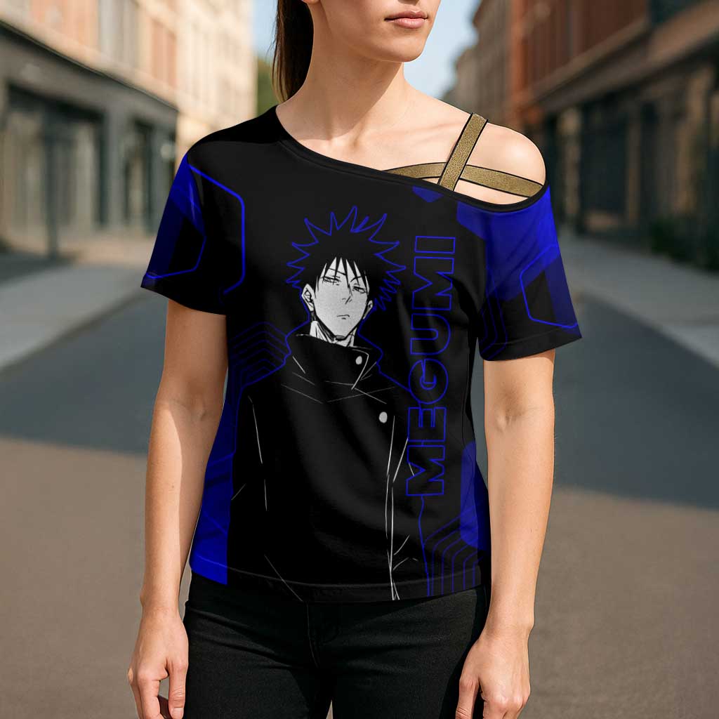 Megumi Fushiguro Jujutsu Kaisen Blue Hexagon Design Cross Shoulder Shirt with Shadow Techniques and Manga Style Art - The Mazicc