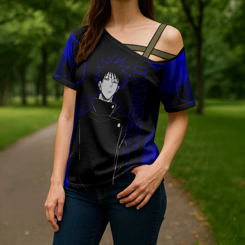 Megumi Fushiguro Jujutsu Kaisen Blue Hexagon Design Cross Shoulder Shirt with Shadow Techniques and Manga Style Art - The Mazicc