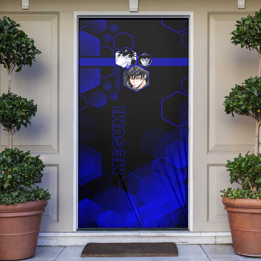 Megumi Fushiguro Jujutsu Kaisen Blue Hexagon Design Door Cover with Shadow Techniques and Manga Style Art - The Mazicc