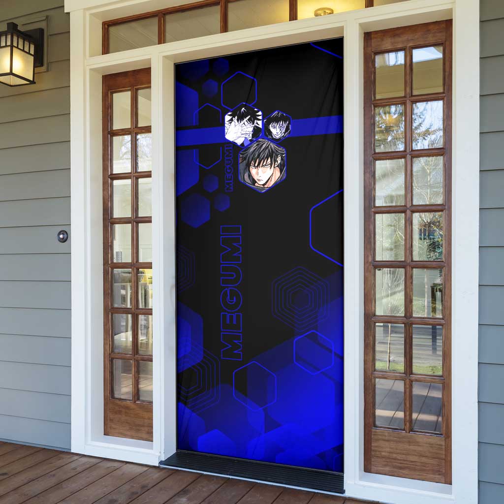 Megumi Fushiguro Jujutsu Kaisen Blue Hexagon Design Door Cover with Shadow Techniques and Manga Style Art - The Mazicc