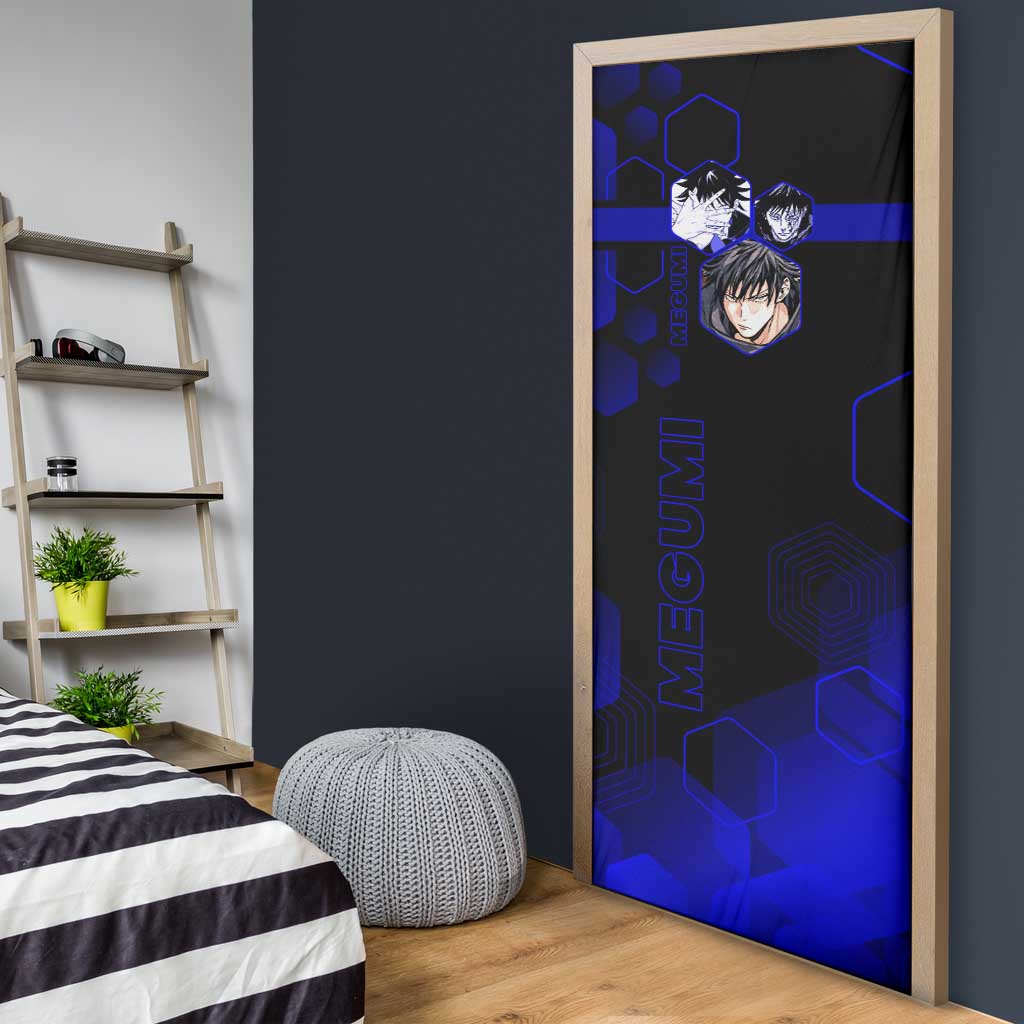 Megumi Fushiguro Jujutsu Kaisen Blue Hexagon Design Door Cover with Shadow Techniques and Manga Style Art - The Mazicc