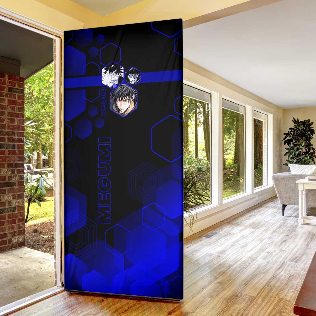 Megumi Fushiguro Jujutsu Kaisen Blue Hexagon Design Door Cover with Shadow Techniques and Manga Style Art - The Mazicc