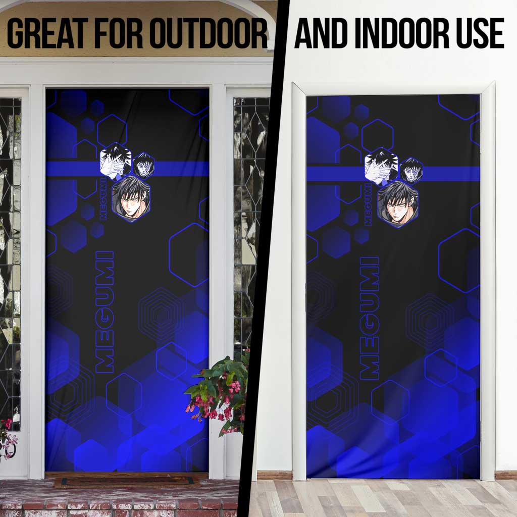 Megumi Fushiguro Jujutsu Kaisen Blue Hexagon Design Door Cover with Shadow Techniques and Manga Style Art - The Mazicc