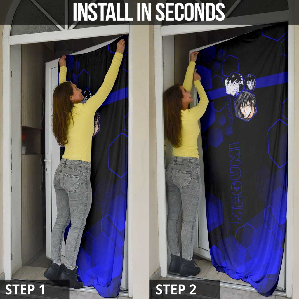 Megumi Fushiguro Jujutsu Kaisen Blue Hexagon Design Door Cover with Shadow Techniques and Manga Style Art - The Mazicc