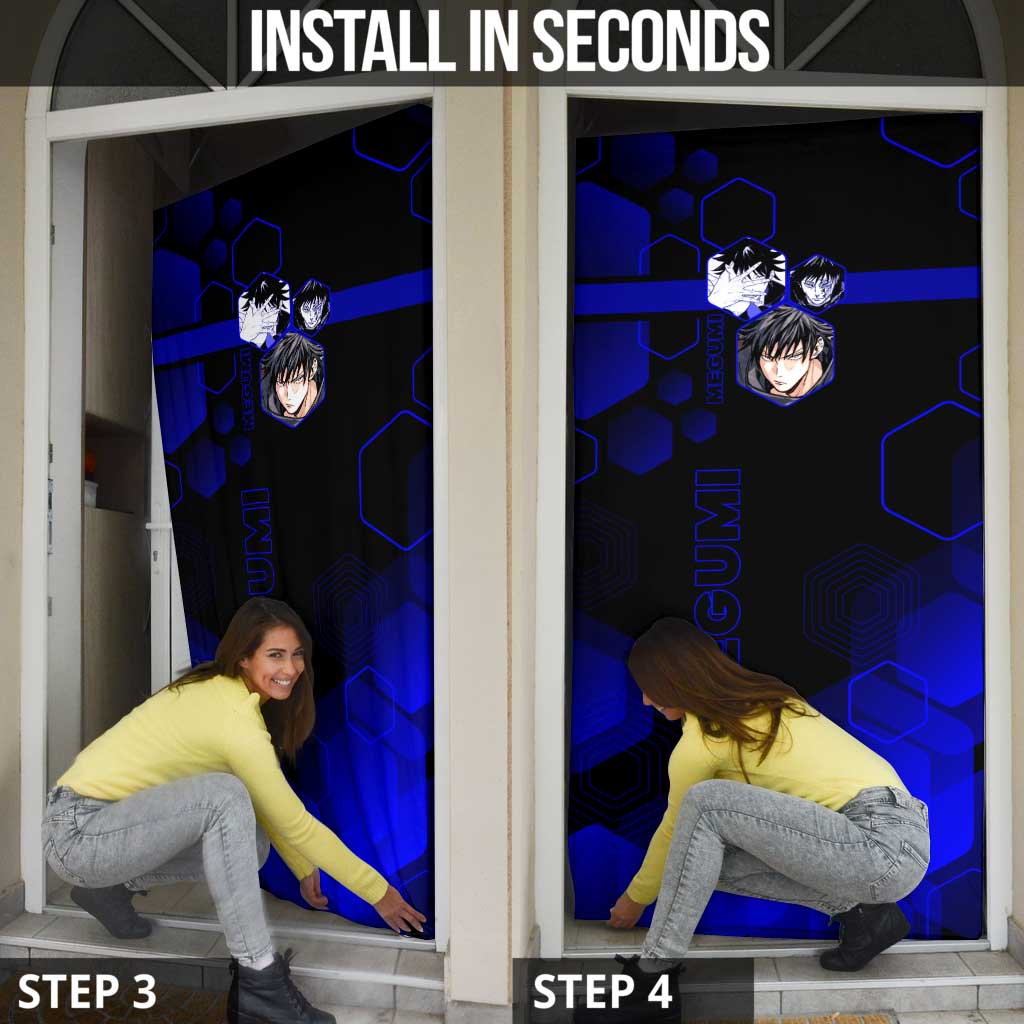 Megumi Fushiguro Jujutsu Kaisen Blue Hexagon Design Door Cover with Shadow Techniques and Manga Style Art - The Mazicc