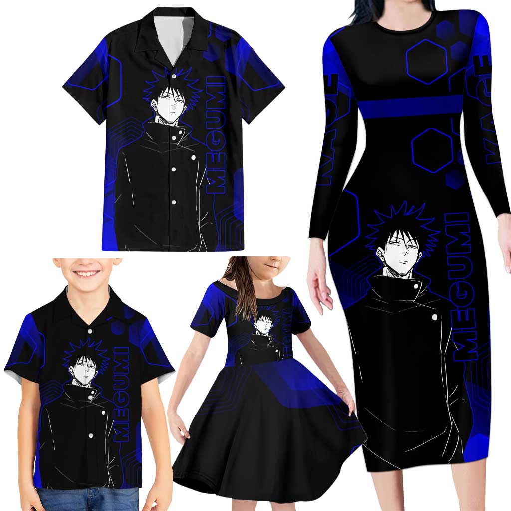 Megumi Fushiguro Jujutsu Kaisen Blue Hexagon Design Family Matching Long Sleeve Bodycon Dress and Hawaiian Shirt with Shadow Techniques and Manga Style Art