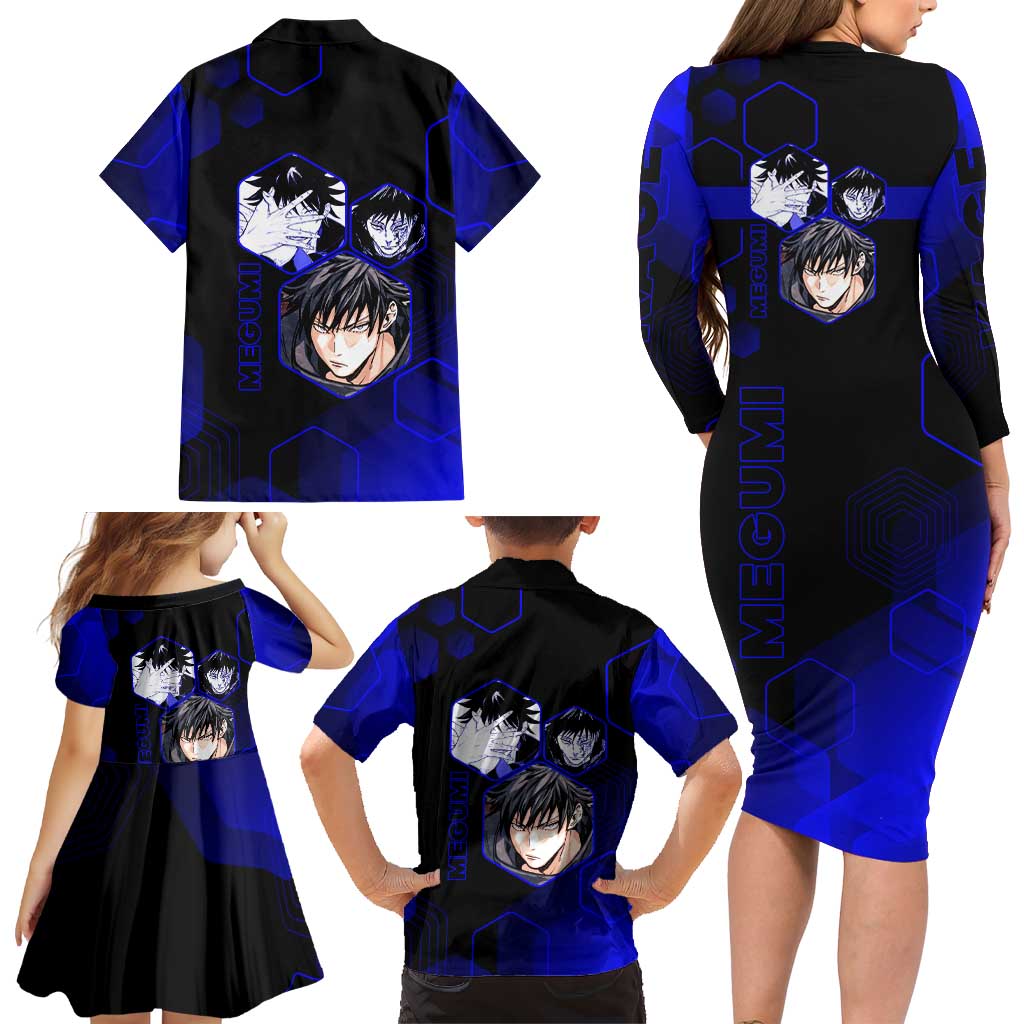 Megumi Fushiguro Jujutsu Kaisen Blue Hexagon Design Family Matching Long Sleeve Bodycon Dress and Hawaiian Shirt with Shadow Techniques and Manga Style Art