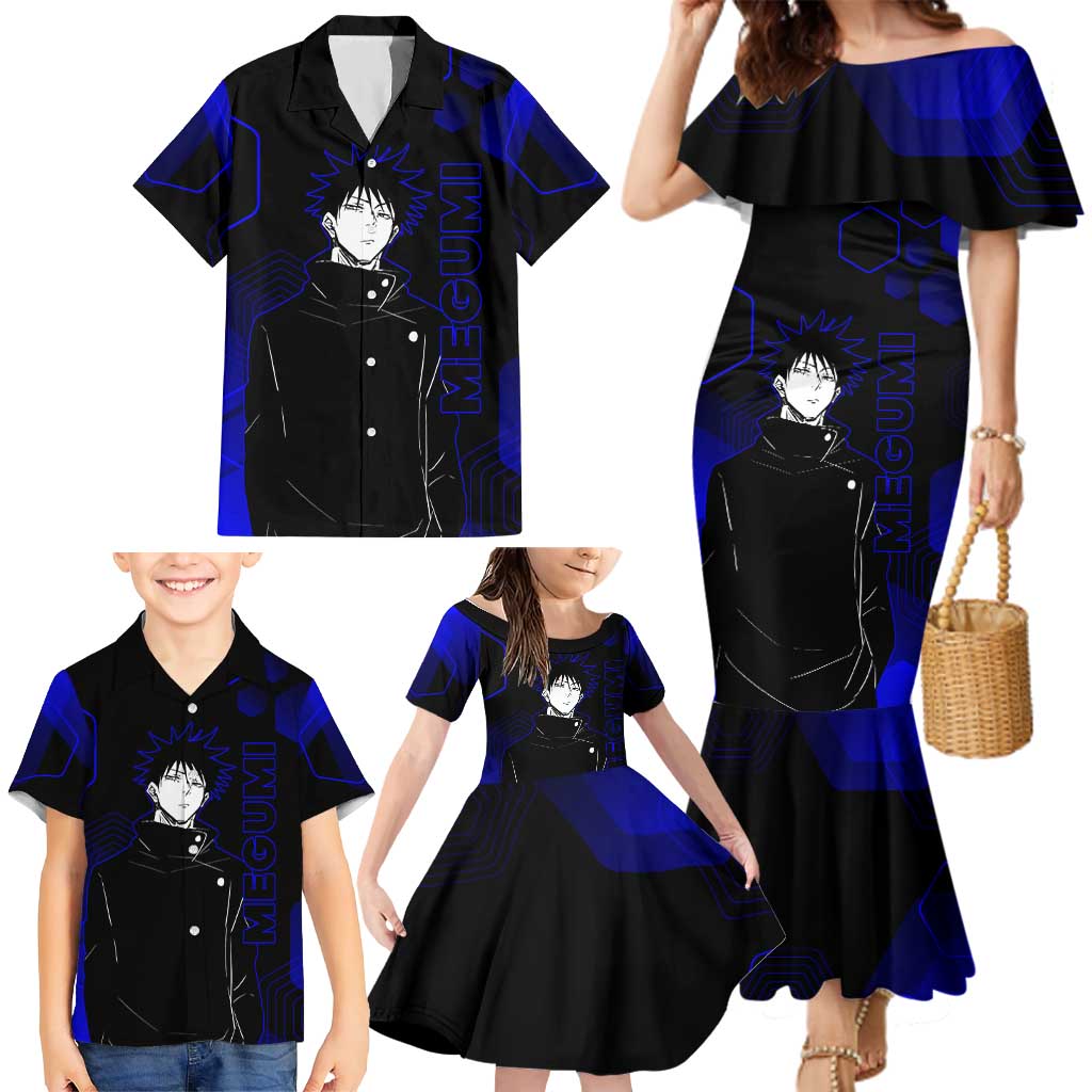 Megumi Fushiguro Jujutsu Kaisen Blue Hexagon Design Family Matching Mermaid Dress and Hawaiian Shirt with Shadow Techniques and Manga Style Art
