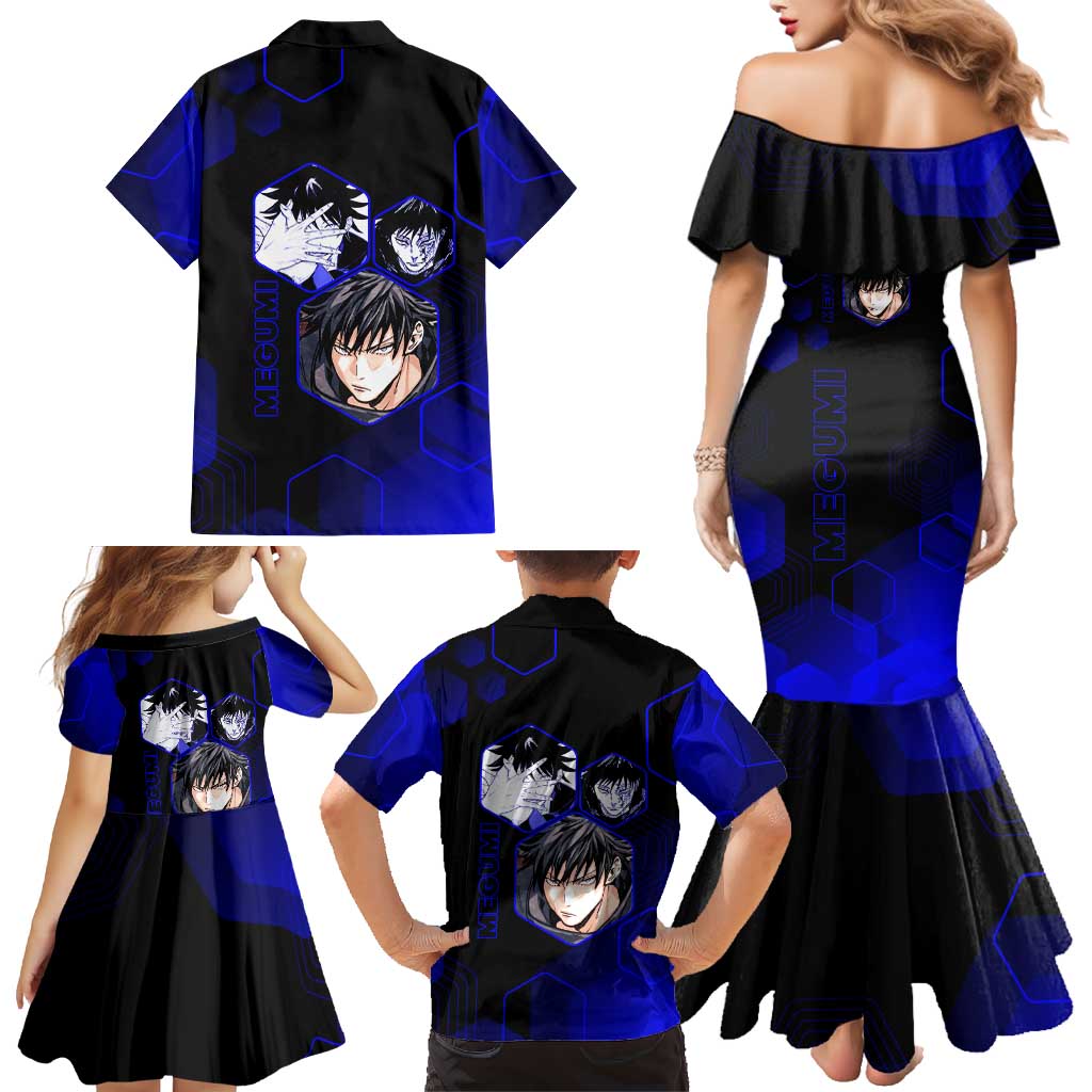 Megumi Fushiguro Jujutsu Kaisen Blue Hexagon Design Family Matching Mermaid Dress and Hawaiian Shirt with Shadow Techniques and Manga Style Art