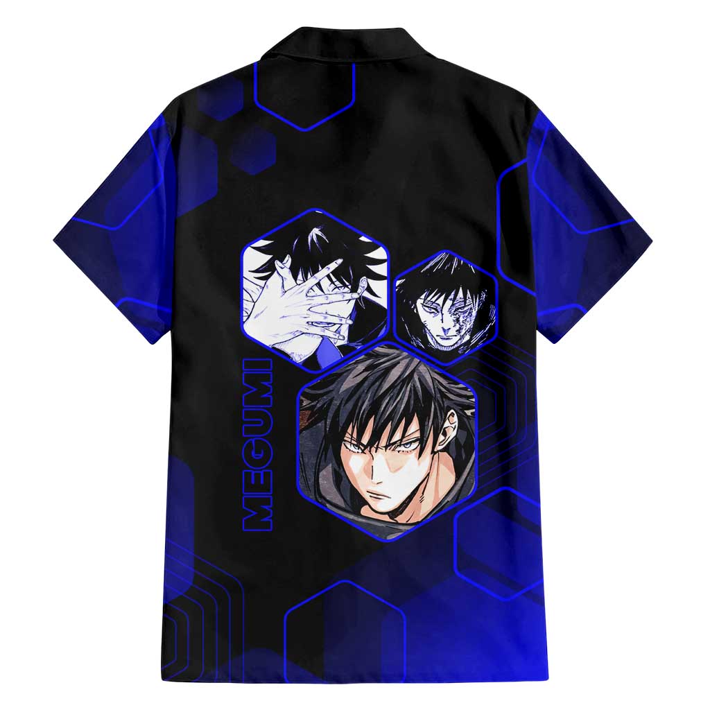 Megumi Fushiguro Jujutsu Kaisen Blue Hexagon Design Family Matching Mermaid Dress and Hawaiian Shirt with Shadow Techniques and Manga Style Art