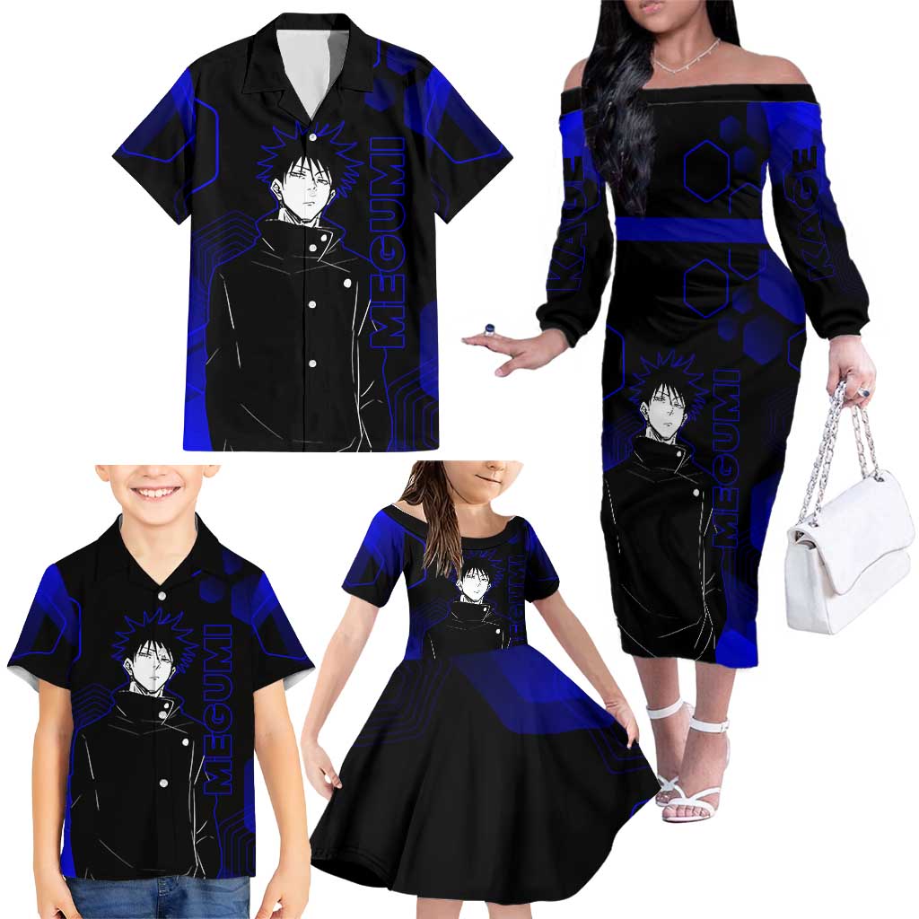 Megumi Fushiguro Jujutsu Kaisen Blue Hexagon Design Family Matching Off The Shoulder Long Sleeve Dress and Hawaiian Shirt with Shadow Techniques and Manga Style Art