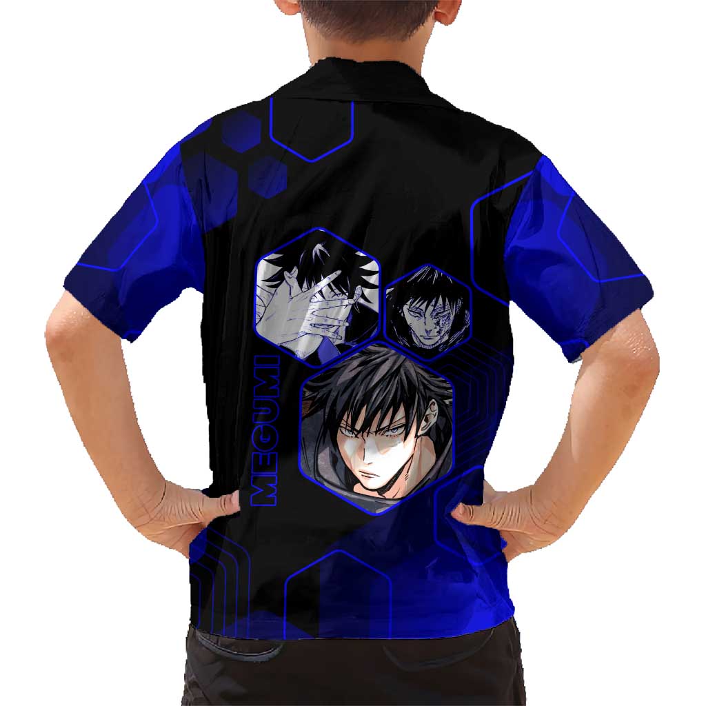 Megumi Fushiguro Jujutsu Kaisen Blue Hexagon Design Family Matching Off The Shoulder Long Sleeve Dress and Hawaiian Shirt with Shadow Techniques and Manga Style Art
