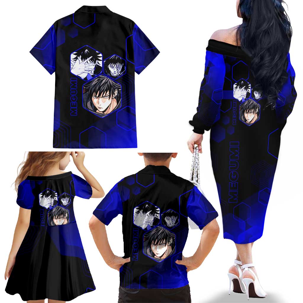 Megumi Fushiguro Jujutsu Kaisen Blue Hexagon Design Family Matching Off The Shoulder Long Sleeve Dress and Hawaiian Shirt with Shadow Techniques and Manga Style Art