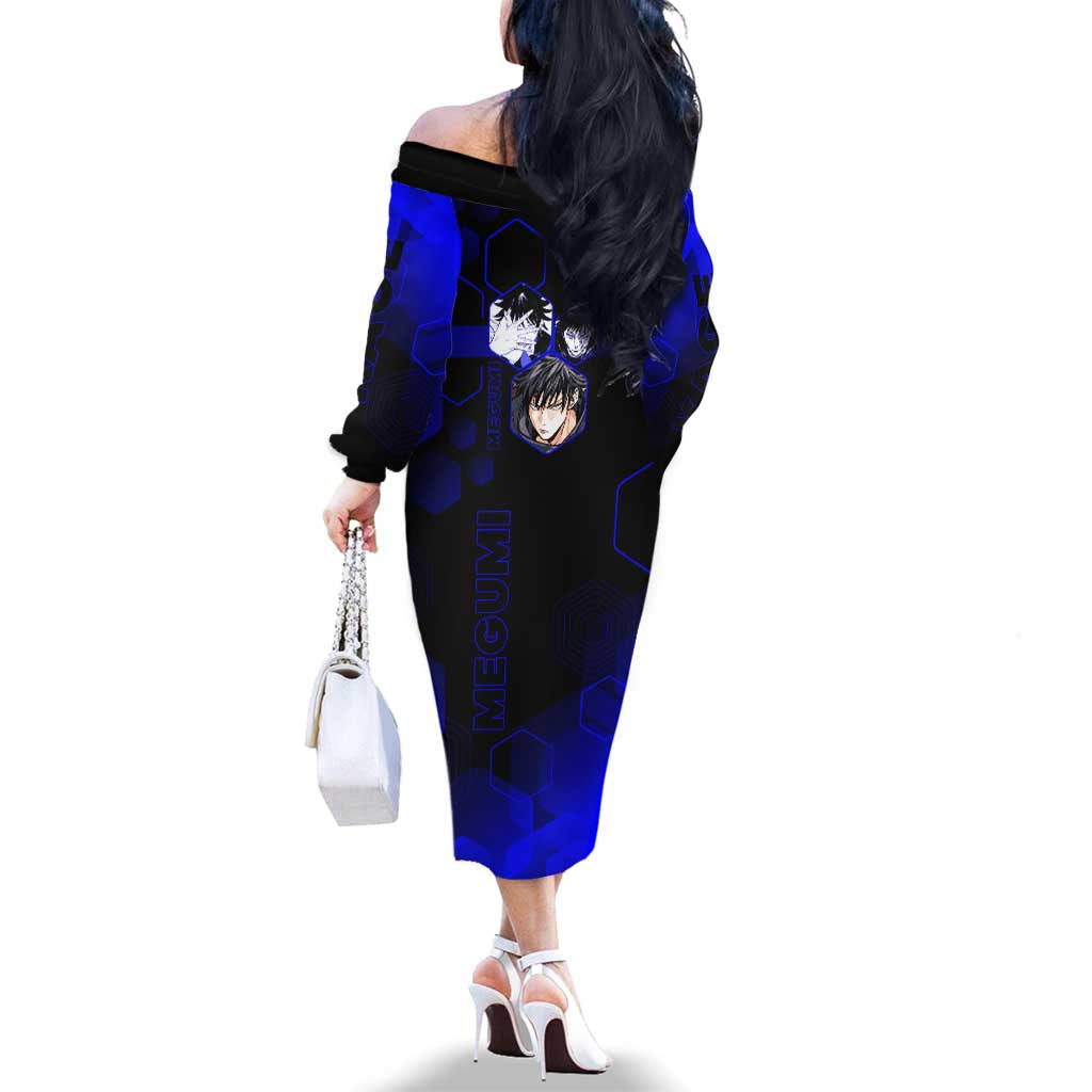 Megumi Fushiguro Jujutsu Kaisen Blue Hexagon Design Family Matching Off The Shoulder Long Sleeve Dress and Hawaiian Shirt with Shadow Techniques and Manga Style Art
