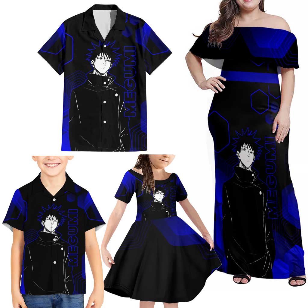 Megumi Fushiguro Jujutsu Kaisen Blue Hexagon Design Family Matching Off Shoulder Maxi Dress and Hawaiian Shirt with Shadow Techniques and Manga Style Art