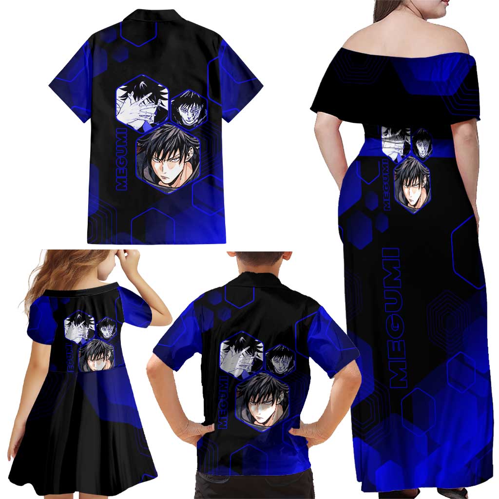 Megumi Fushiguro Jujutsu Kaisen Blue Hexagon Design Family Matching Off Shoulder Maxi Dress and Hawaiian Shirt with Shadow Techniques and Manga Style Art