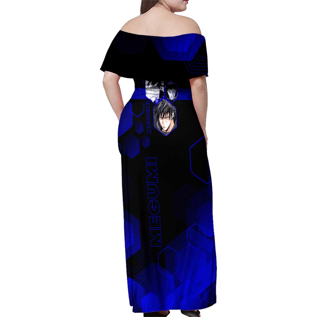 Megumi Fushiguro Jujutsu Kaisen Blue Hexagon Design Family Matching Off Shoulder Maxi Dress and Hawaiian Shirt with Shadow Techniques and Manga Style Art