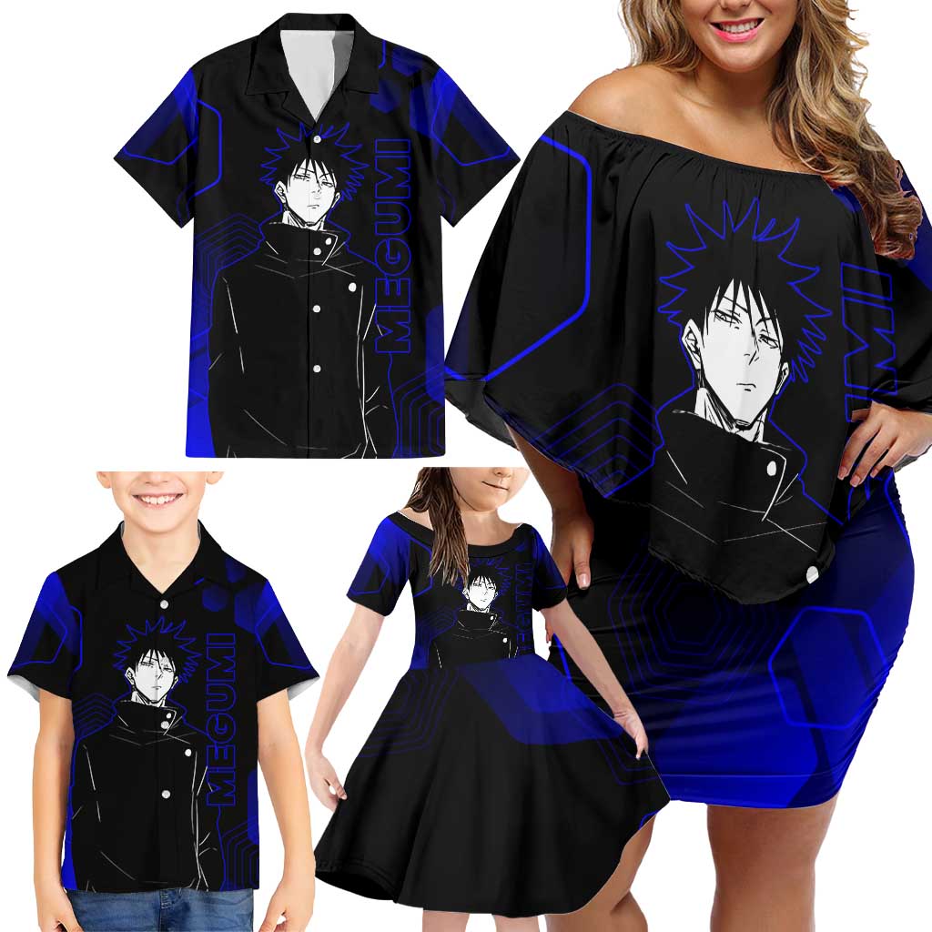 Megumi Fushiguro Jujutsu Kaisen Blue Hexagon Design Family Matching Off Shoulder Short Dress and Hawaiian Shirt with Shadow Techniques and Manga Style Art