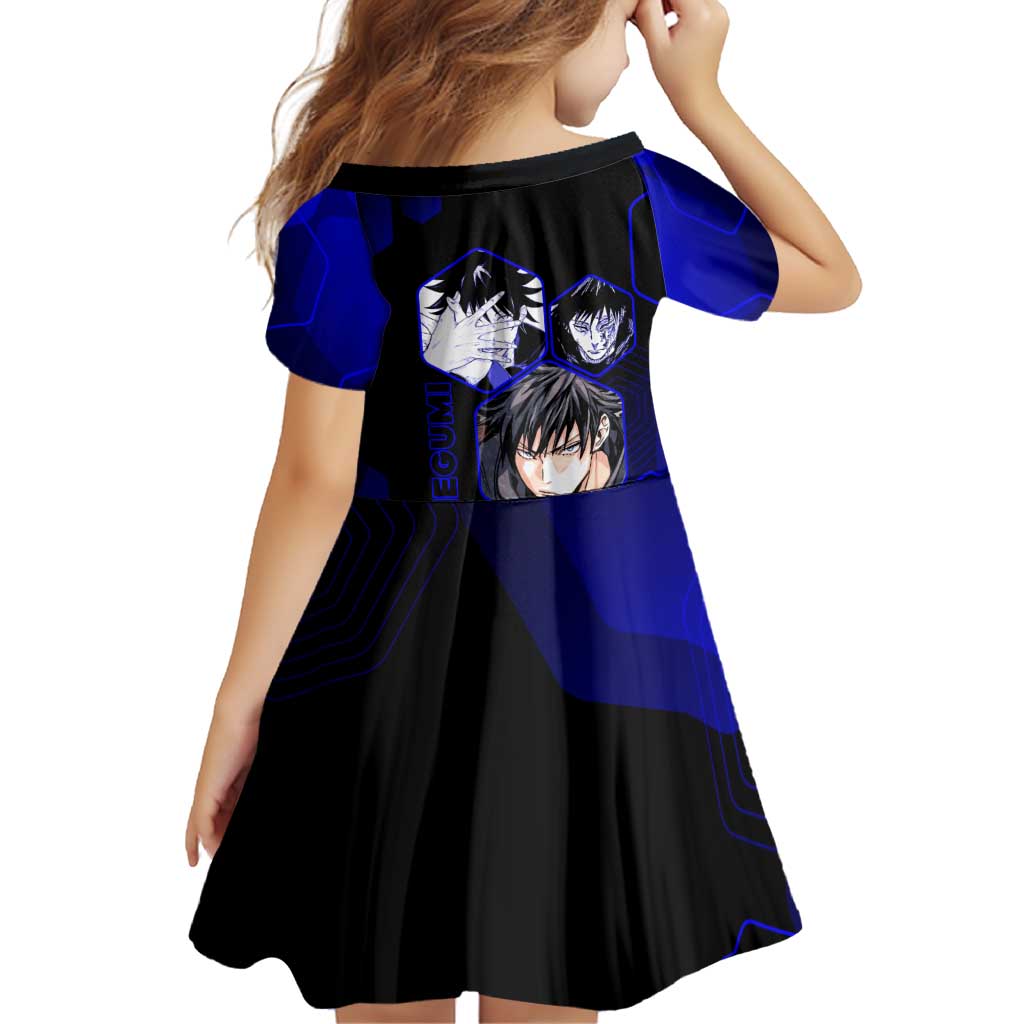 Megumi Fushiguro Jujutsu Kaisen Blue Hexagon Design Family Matching Off Shoulder Short Dress and Hawaiian Shirt with Shadow Techniques and Manga Style Art