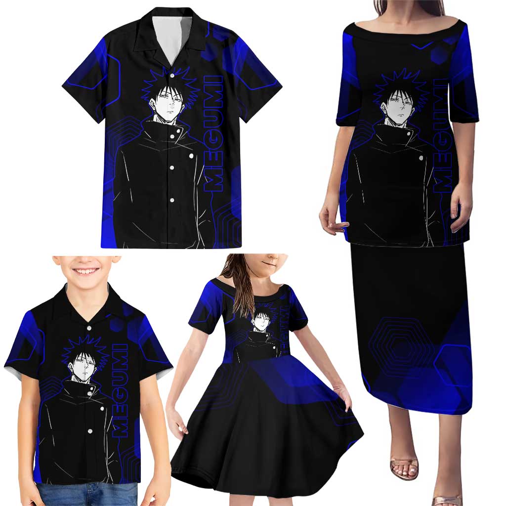 Megumi Fushiguro Jujutsu Kaisen Blue Hexagon Design Family Matching Puletasi and Hawaiian Shirt with Shadow Techniques and Manga Style Art