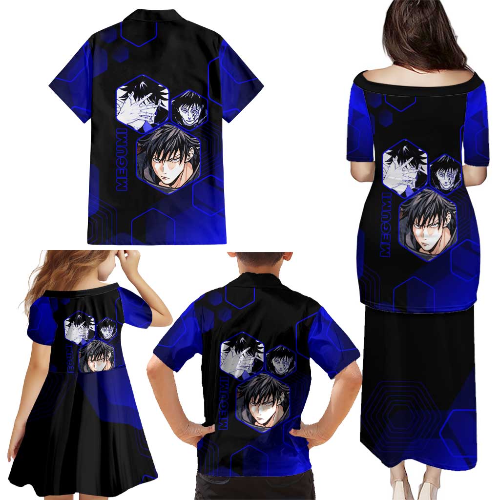 Megumi Fushiguro Jujutsu Kaisen Blue Hexagon Design Family Matching Puletasi and Hawaiian Shirt with Shadow Techniques and Manga Style Art