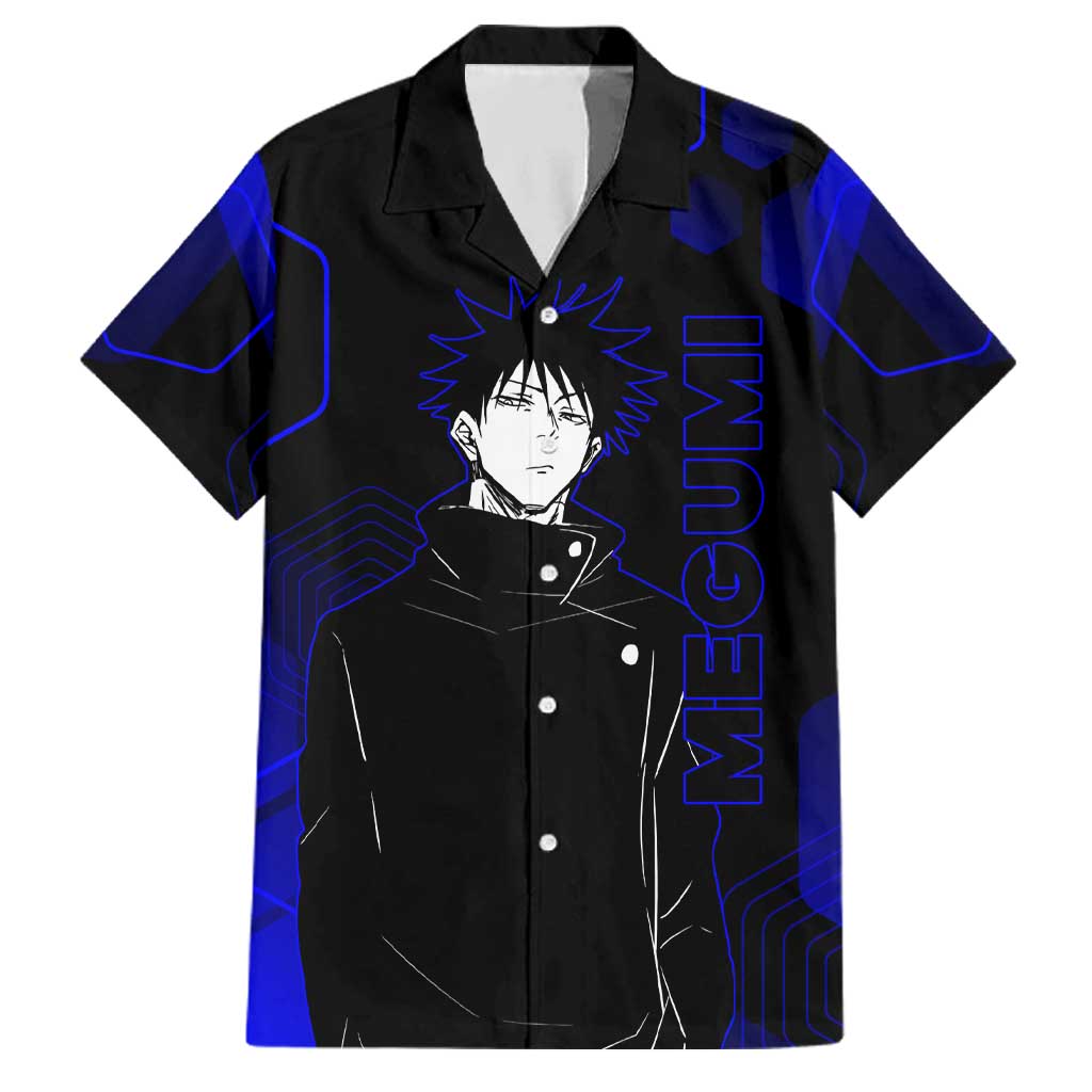 Megumi Fushiguro Jujutsu Kaisen Blue Hexagon Design Family Matching Puletasi and Hawaiian Shirt with Shadow Techniques and Manga Style Art