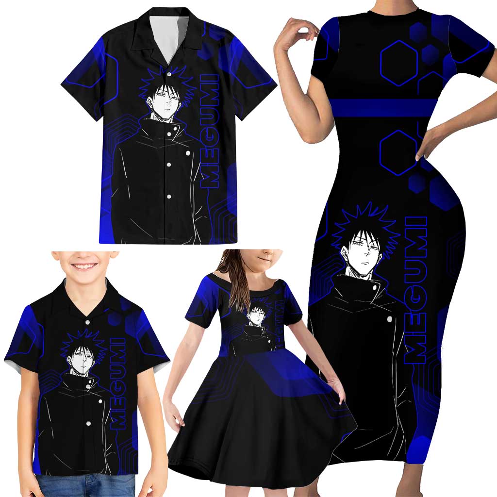 Megumi Fushiguro Jujutsu Kaisen Blue Hexagon Design Family Matching Short Sleeve Bodycon Dress and Hawaiian Shirt with Shadow Techniques and Manga Style Art