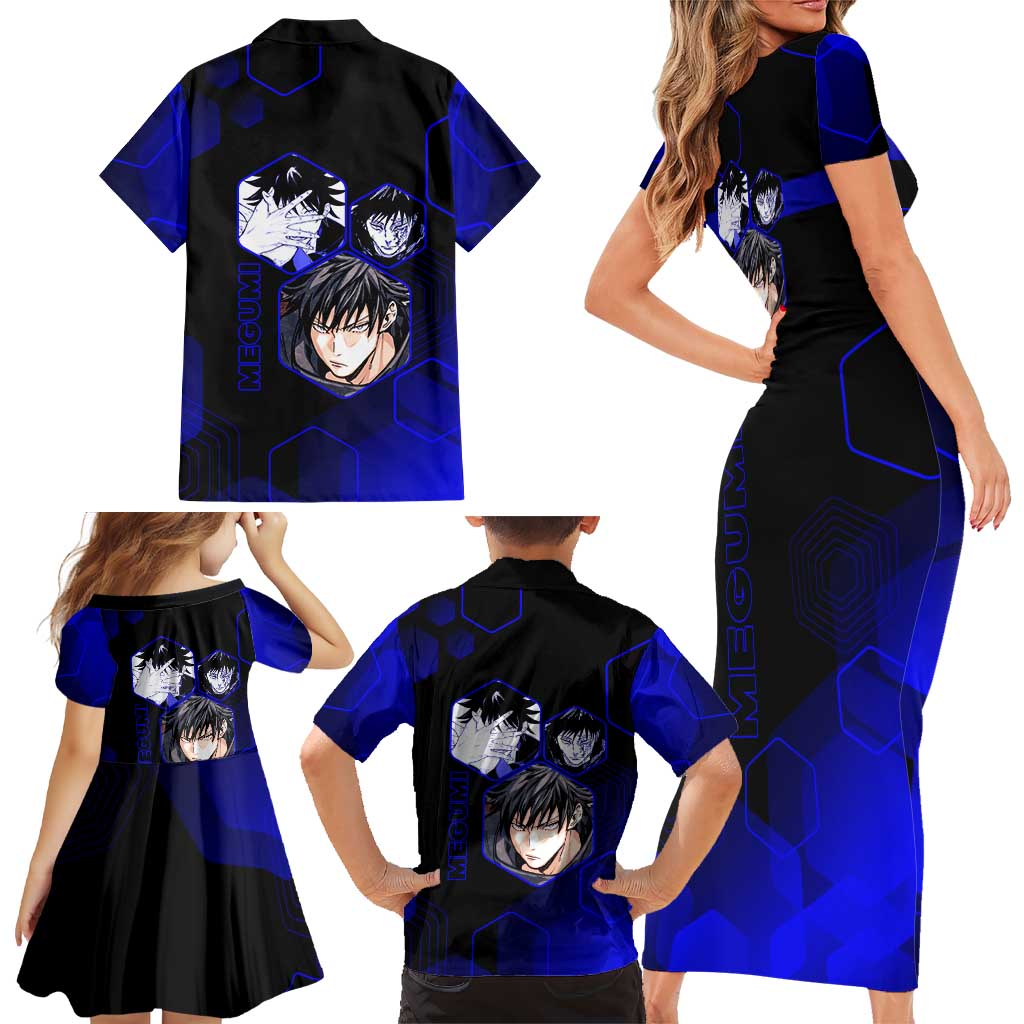 Megumi Fushiguro Jujutsu Kaisen Blue Hexagon Design Family Matching Short Sleeve Bodycon Dress and Hawaiian Shirt with Shadow Techniques and Manga Style Art