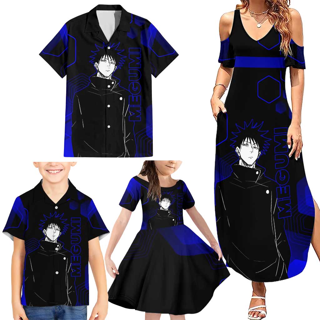 Megumi Fushiguro Jujutsu Kaisen Blue Hexagon Design Family Matching Summer Maxi Dress and Hawaiian Shirt with Shadow Techniques and Manga Style Art
