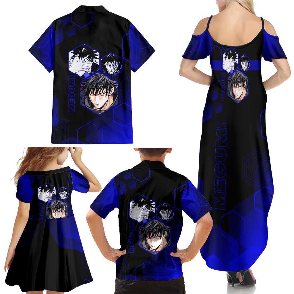 Megumi Fushiguro Jujutsu Kaisen Blue Hexagon Design Family Matching Summer Maxi Dress and Hawaiian Shirt with Shadow Techniques and Manga Style Art