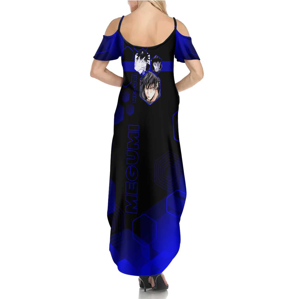 Megumi Fushiguro Jujutsu Kaisen Blue Hexagon Design Family Matching Summer Maxi Dress and Hawaiian Shirt with Shadow Techniques and Manga Style Art