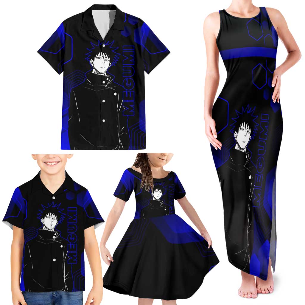Megumi Fushiguro Jujutsu Kaisen Blue Hexagon Design Family Matching Tank Maxi Dress and Hawaiian Shirt with Shadow Techniques and Manga Style Art