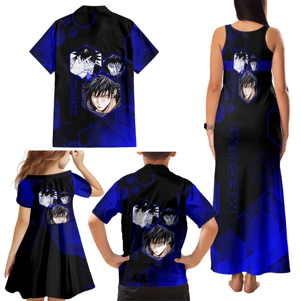 Megumi Fushiguro Jujutsu Kaisen Blue Hexagon Design Family Matching Tank Maxi Dress and Hawaiian Shirt with Shadow Techniques and Manga Style Art