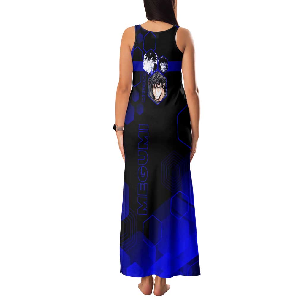 Megumi Fushiguro Jujutsu Kaisen Blue Hexagon Design Family Matching Tank Maxi Dress and Hawaiian Shirt with Shadow Techniques and Manga Style Art