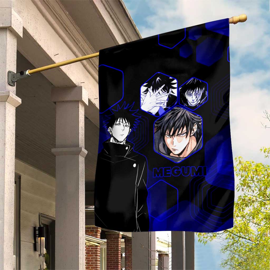 Megumi Fushiguro Jujutsu Kaisen Blue Hexagon Design Garden Flag with Shadow Techniques and Manga Style Art - The Mazicc