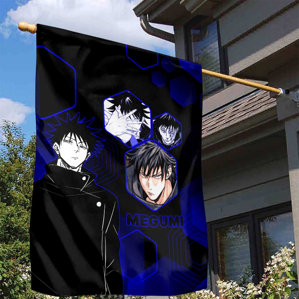 Megumi Fushiguro Jujutsu Kaisen Blue Hexagon Design Garden Flag with Shadow Techniques and Manga Style Art - The Mazicc