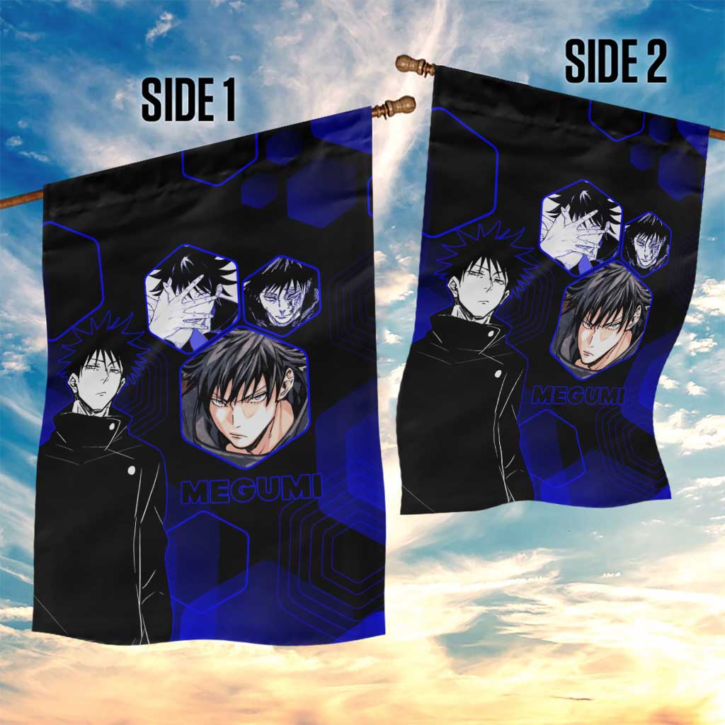 Megumi Fushiguro Jujutsu Kaisen Blue Hexagon Design Garden Flag with Shadow Techniques and Manga Style Art - The Mazicc