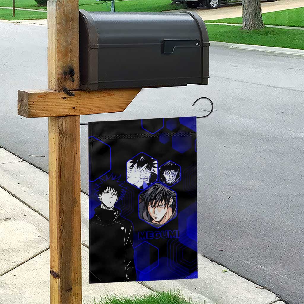 Megumi Fushiguro Jujutsu Kaisen Blue Hexagon Design Garden Flag with Shadow Techniques and Manga Style Art - The Mazicc