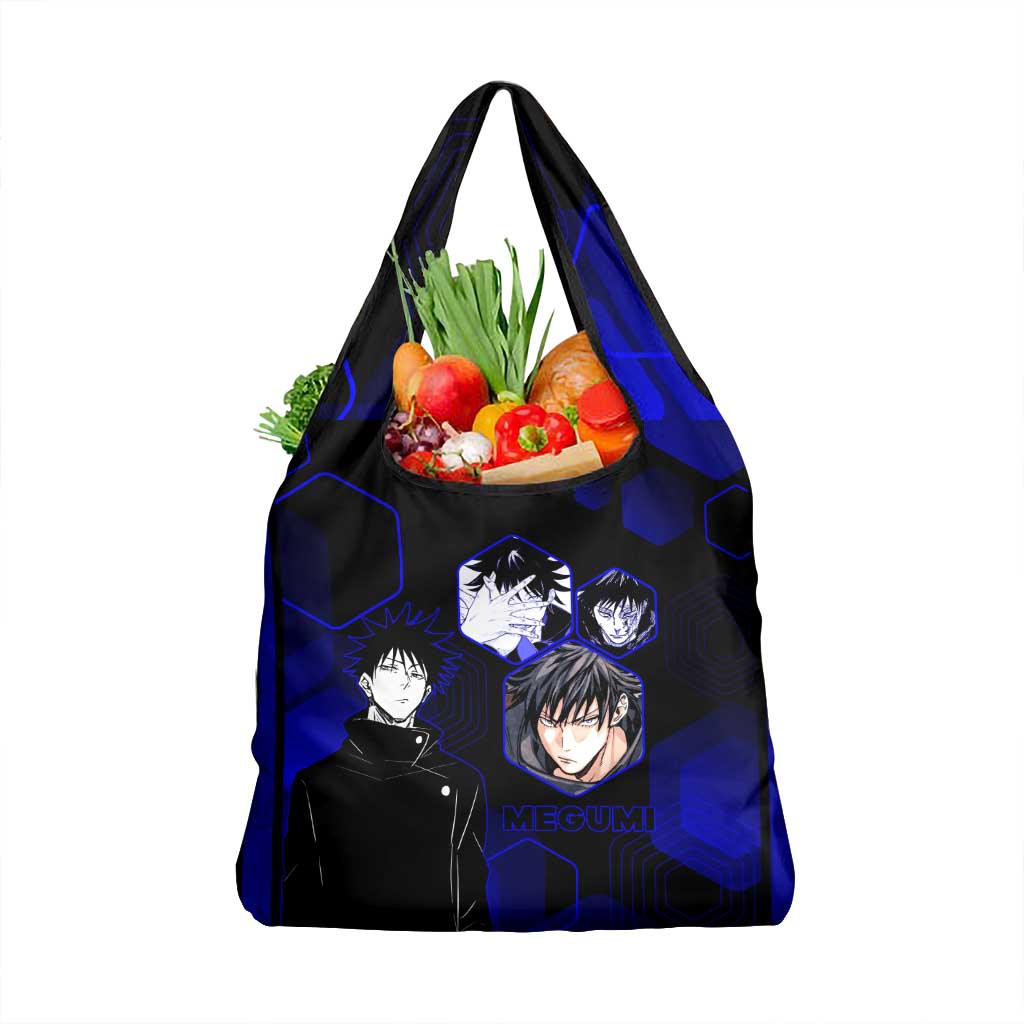 Megumi Fushiguro Jujutsu Kaisen Blue Hexagon Design Grocery Bag with Shadow Techniques and Manga Style Art - The Mazicc