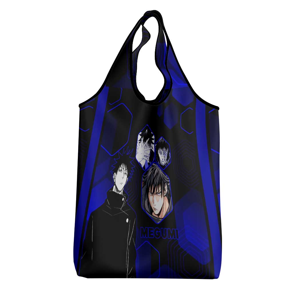 Megumi Fushiguro Jujutsu Kaisen Blue Hexagon Design Grocery Bag with Shadow Techniques and Manga Style Art - The Mazicc