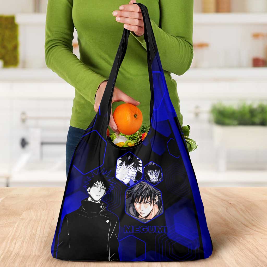 Megumi Fushiguro Jujutsu Kaisen Blue Hexagon Design Grocery Bag with Shadow Techniques and Manga Style Art - The Mazicc