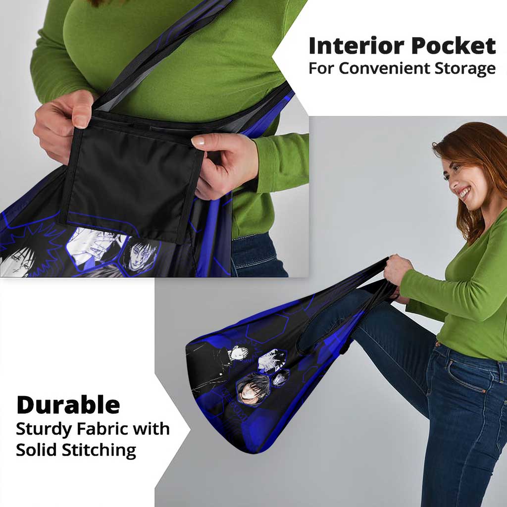 Megumi Fushiguro Jujutsu Kaisen Blue Hexagon Design Grocery Bag with Shadow Techniques and Manga Style Art - The Mazicc